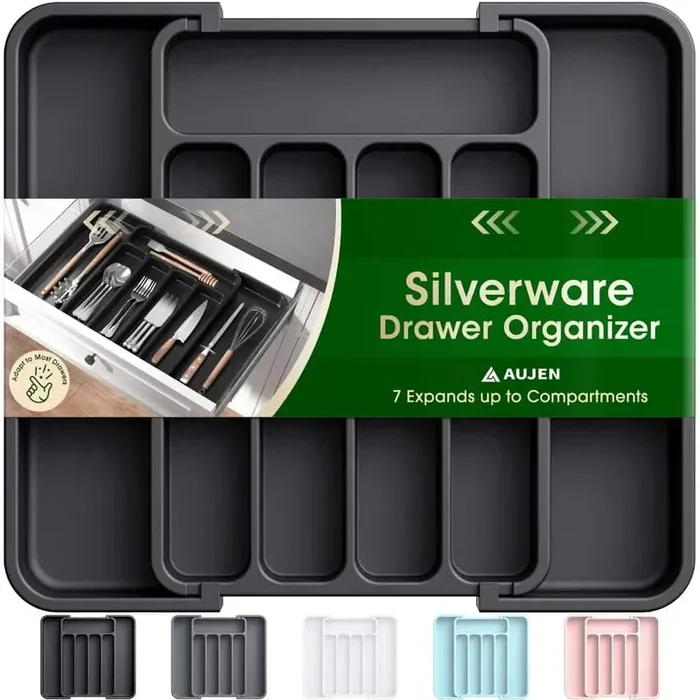 1.1 in. H x 8.8 in. W. x 12.4 in. D Black Polypropylene Silverware Organizer Expandable Kitchen Drawer Organizer