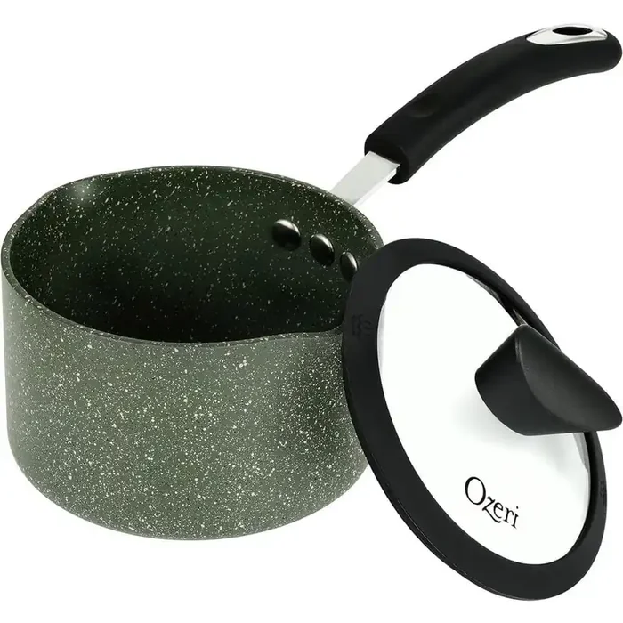 1.6 qt. Stone Layered with Aluminum Core Nonstick Saucepan in Chive Green with Silicone Coated Handle and Glass Lid