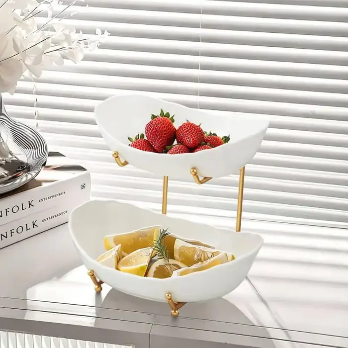 1 Piece 2-Tier Ceramic Fruit Bowl, Modern Multi Layer Fruit Display Stand for Party