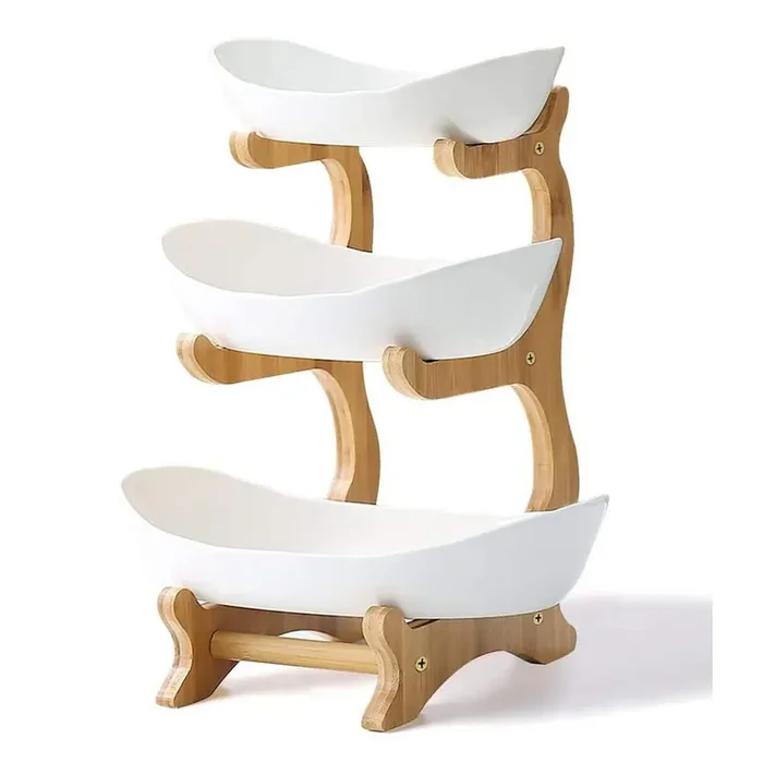 1 Piece 3 Tier Ceramic Fruit Bowl With Bamboo Stand for Kitchen Counter, Porcelain Fruit Basket for Vegetable Storage