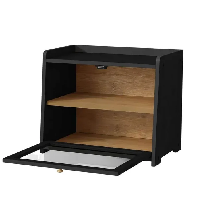 1 Piece Black Bread Box with Clear Acrylic Panel and Wood Handle, Large Kitchen Countertop Storage Container Set