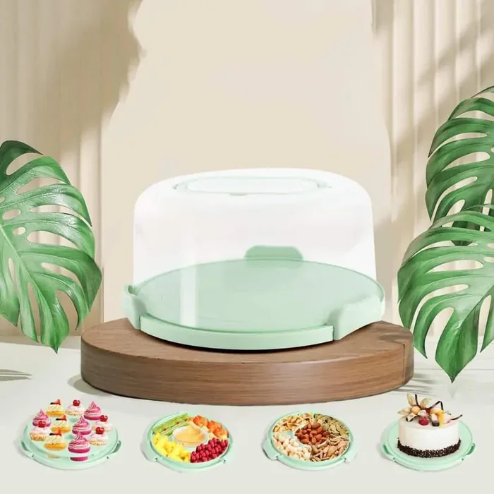 1-Piece Cake Carrier Set with Lid, Two Handles, Round Green Cake Container, Double-sided Base Cupcake Holder