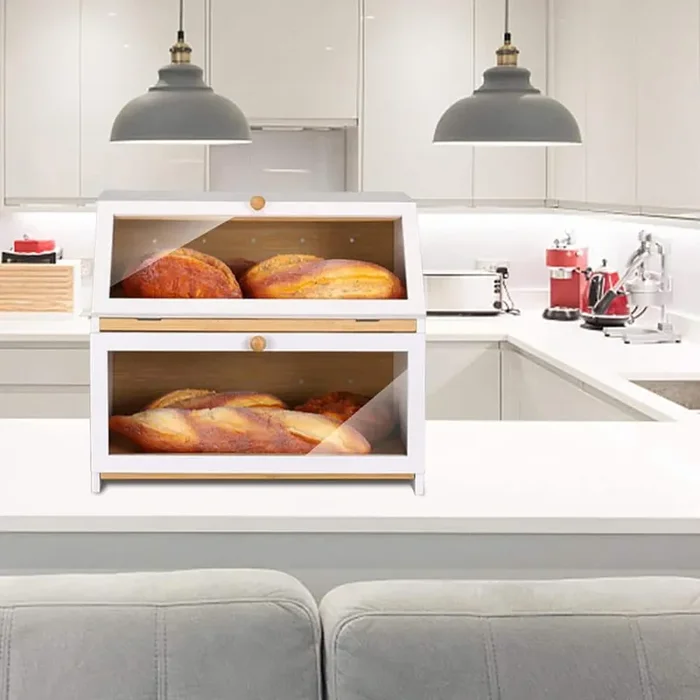 1 Piece Double Layer Bread Box for Kitchen Counter, Wooden Large Capacity Bread Storage Bin (White)