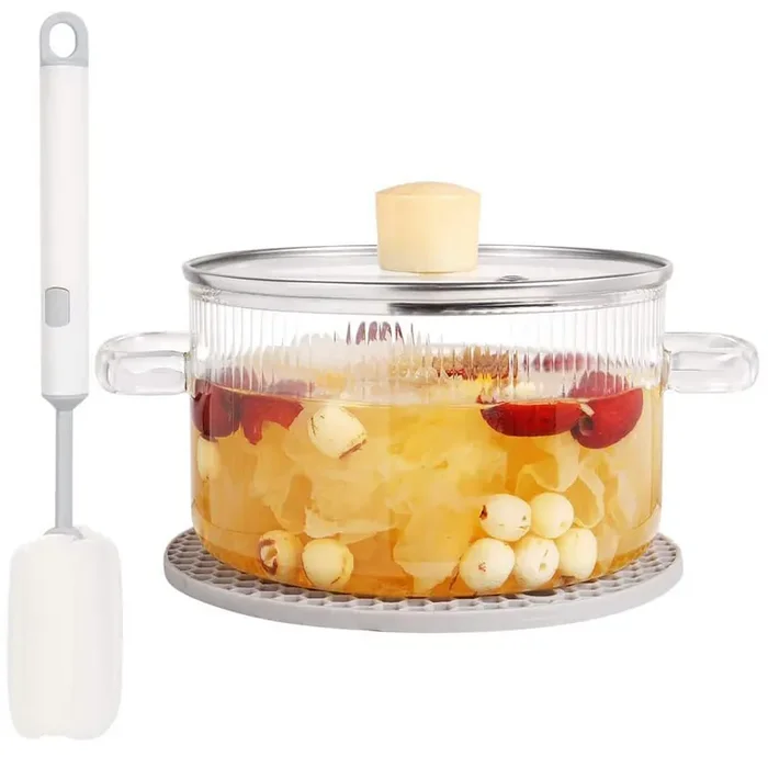 1-Piece Glass Cooking Soup Pot with Lid, 50 oz. Heat Resistant Borosilicate Glass Saucepan Anti-Scalding Mat