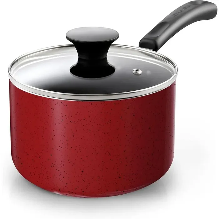 1 qt. Nonstick Aluminum Small Multi-purpose Pot with Glass Lid, Milk Chocolate Cooking Pot Pan, Marble Red