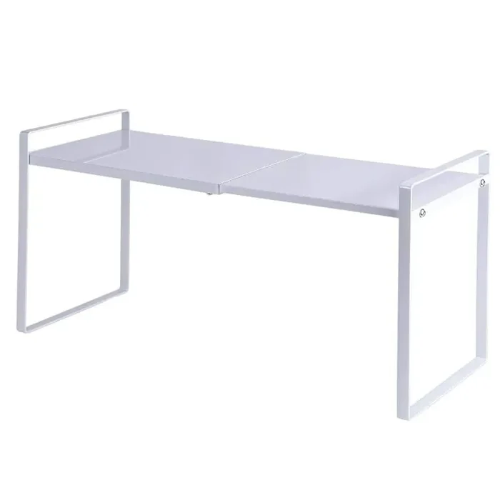 1-Shelf White Adjustable Width Stackable Cabinet Shelf Organizer Riser for Kitchen Pantry Countertop