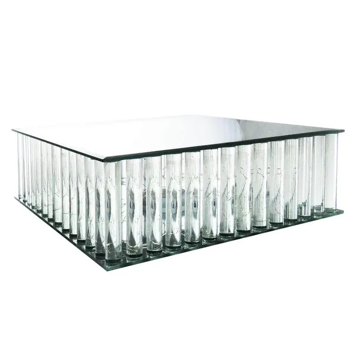 1-Tier Clear Square Mirror LED Fairy Light Up Glass Columns Cake Stand Dessert Display Tray 12 in.
