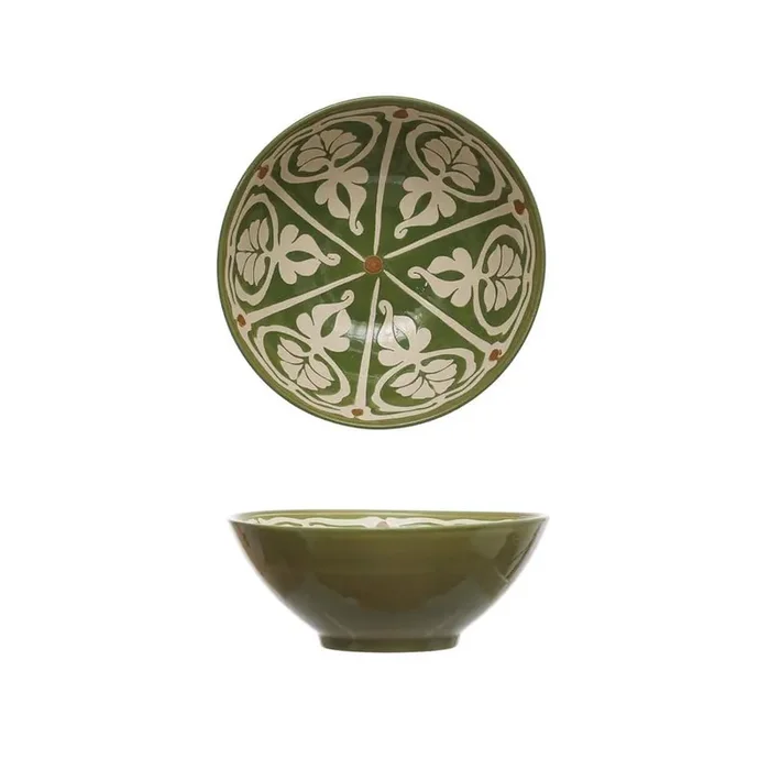 10.5 in. 87.4 fl.oz Green & Brown Round Stoneware Hand-Painted Serving Bowl with Design