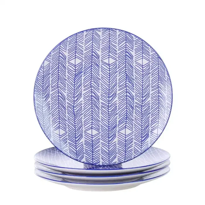10.5 in. Blue Patterned Porcelain Dinner Plates Set for Pasta Salad Dessert (Set of 4)