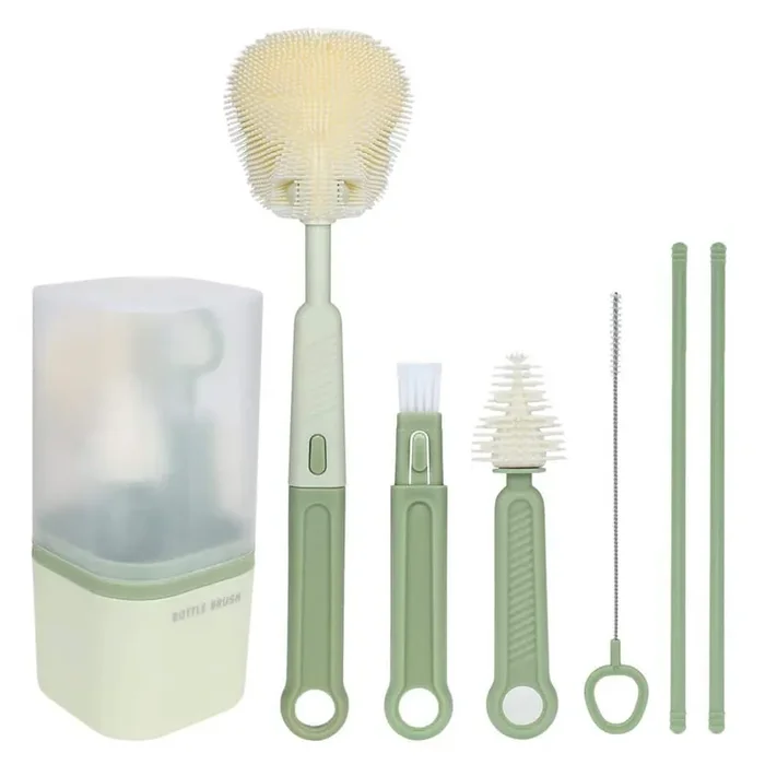 10.5in. Bottle Brush Cleaning Set with Storage Box Drying Rack Nipple Straw Spout Brushes Green Portable