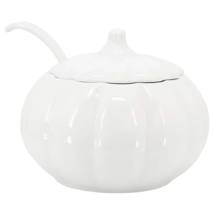 10.6 in. 160 fl. oz. White Ceramic Pumpkin Soup Tureen Serving Bowl with Lid and Ladle