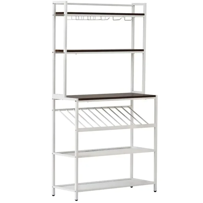 10-Bottles ndustrial Modern 6-Tier Baker Rack Freestanding Bar Wine Rack Table with Glass& Cup Holders White