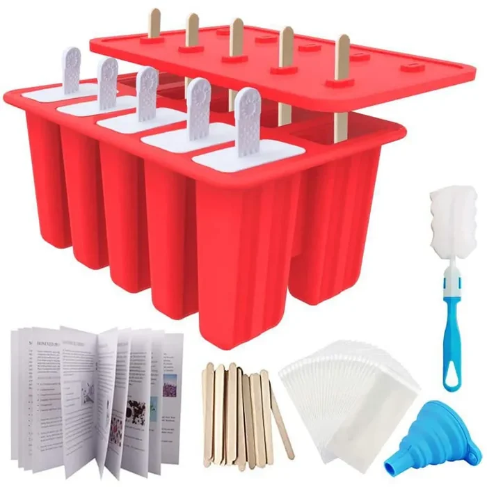 10-Cav Non-BPA Silicone Ice Pop Maker with 50 Sticks, 50 Bags, 10 Reusable Sticks, Funnel and Brush, Red