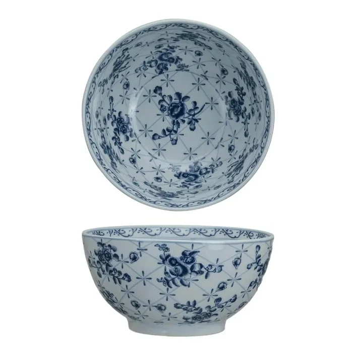 10 in. 107 fl. oz. Blue and White Floral Stoneware Serving Bowl
