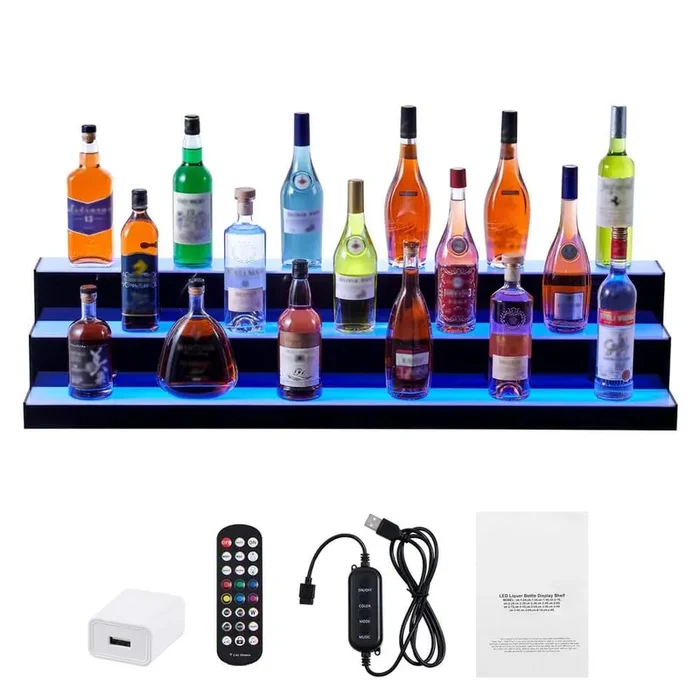 10 in. H x 12 in. W 20-Bottle Multi-Colored Acrylic LED Lighted Liquor Bottle Display, Whiskey Rack Stand 3-Tiers 48 in.