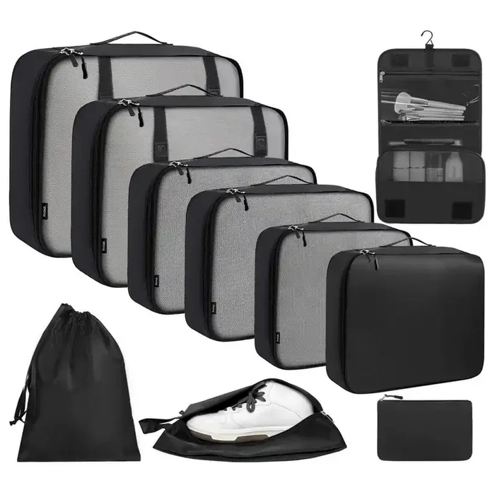 10-Piece Black Packing Cubes, Various Sizes Packing Organizer for Luggage
