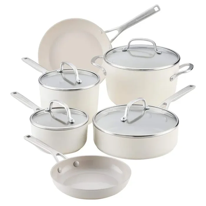 10-Piece Hard-Anodized Aluminum Ceramic Nonstick Induction Cookware Set Porcelain White