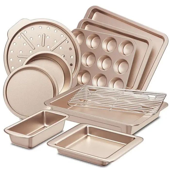 10-Piece Stackable Gold Bakeware Set, Non-Stick Coating, Heavy-Duty Carbon Steel, with Versatile Pans, Cookie Sheet