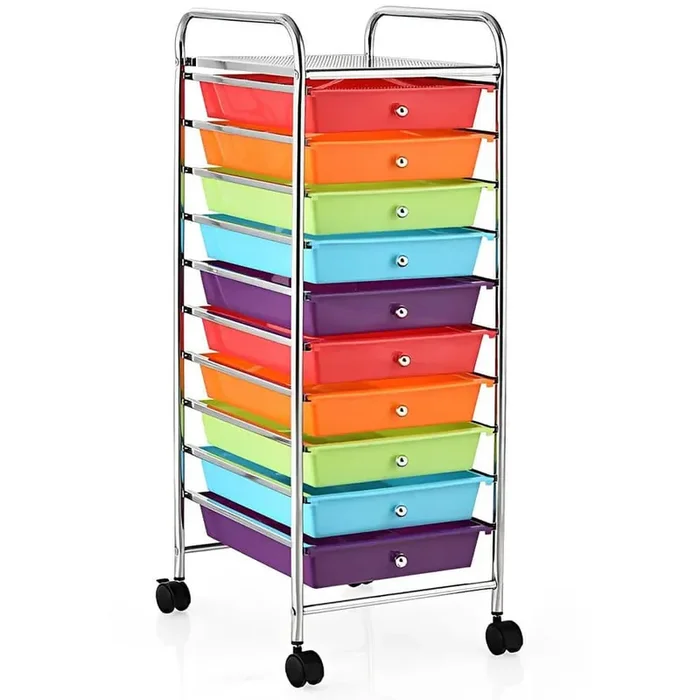 10-Tier Multicolor Rolling Storage Cart Organizer Steel Kitchen Cart with Plastic Drawers