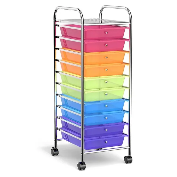 10-Tier Transparent Multicolor Rolling Storage Cart Organizer Steel Kitchen Cart with Plastic Drawers