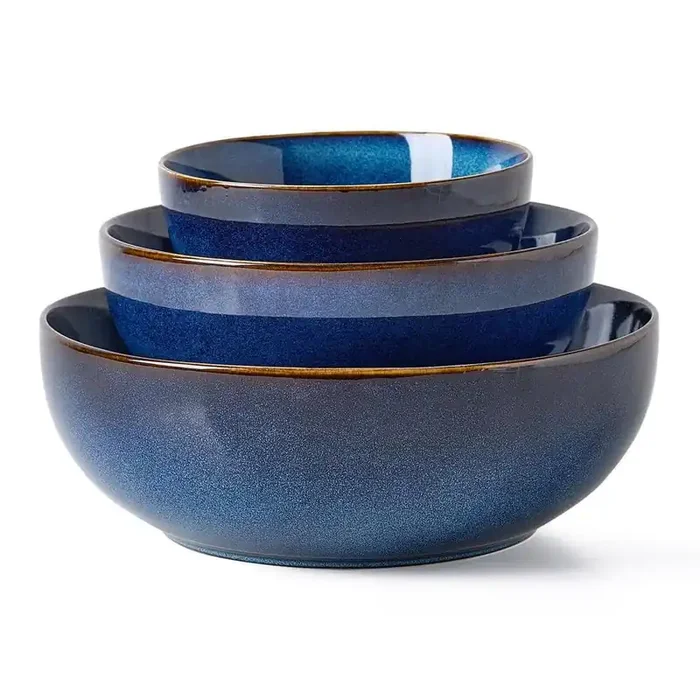 106 fl. oz. Blue Ceramic Bowls 24/53/106 oz (Set of 3) Dishwasher and Microwave Safe