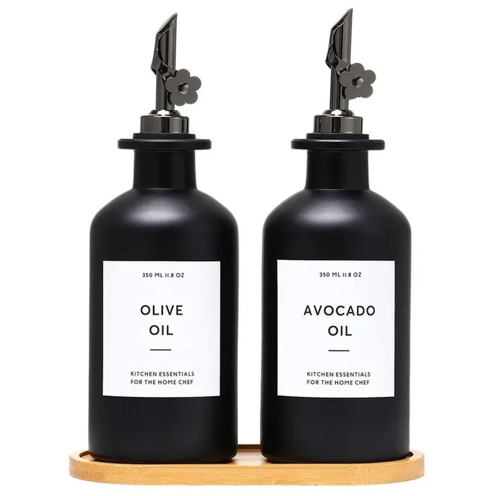 11.8 oz. Black Glass kitchen Dispenser Bottle, Oil and Vinegar Cruet Set of 2, Leakproof Oil Containers for Cooking