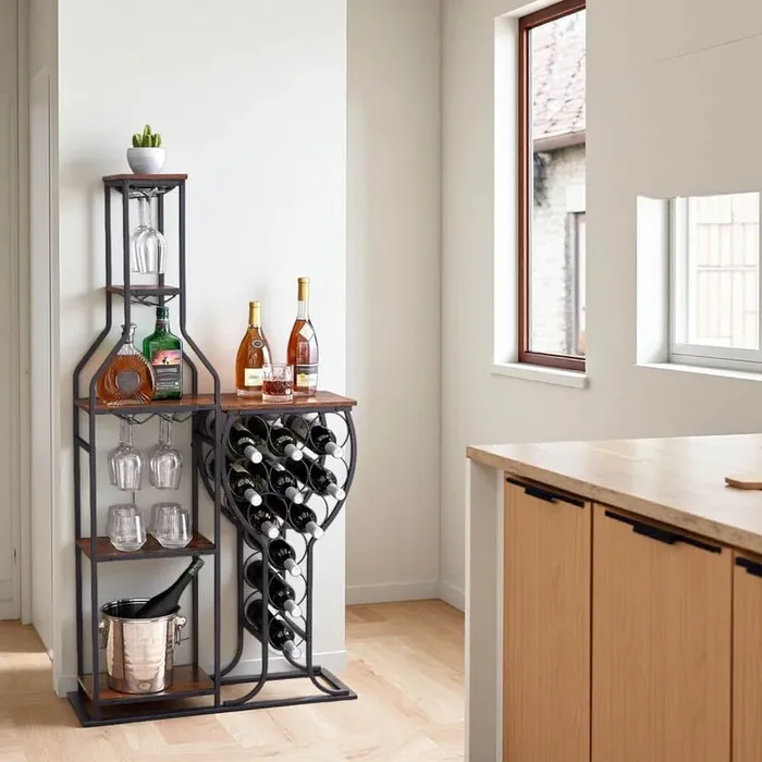 11 Bottle Brown Metal Freestanding Wine Rack with Hanging Wine Glass Holder, Storage Shelves