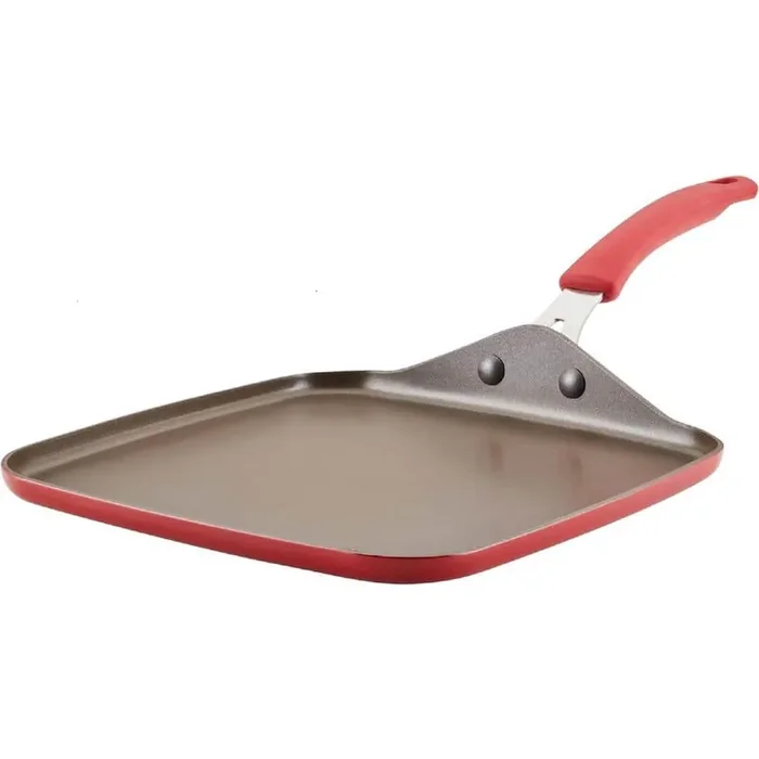 11 in. Enameled Aluminum Triple Layer Non-Stick Gas Electric Stovetop Compatible Easy to Clean Square Grill Pan in Red
