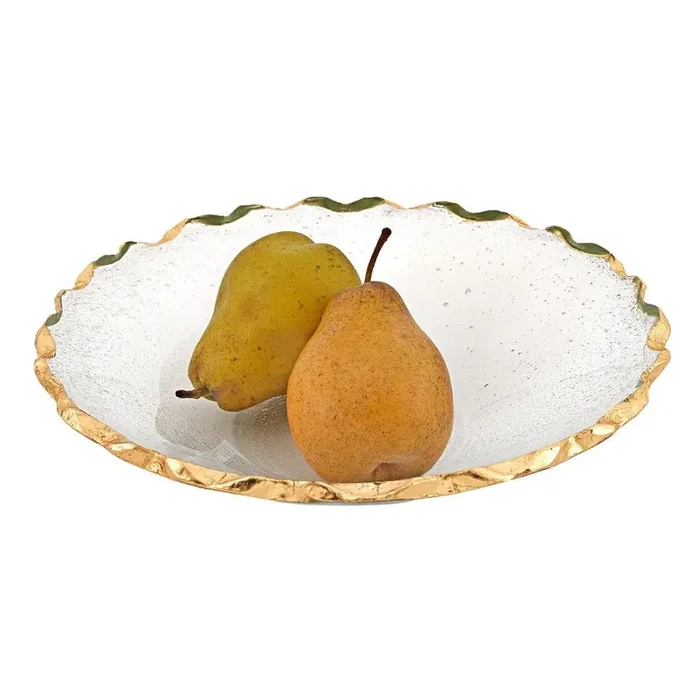 11 in. Gold Hand Decorated Leaf Chiseled Edge Straight Sided Glass Salad or Fruit Bowl