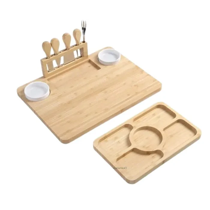 11 in. Natural Bamboo Charcuterie Cheese Board Set with Magnetic Knife, Removable Knife Block and Ceramic Bowls