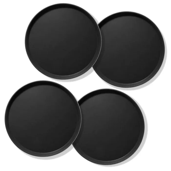 11 in. x .75 in. Round Plastic Non-Slip Serving Trays, Black-NSF Food Service (Set of 4)