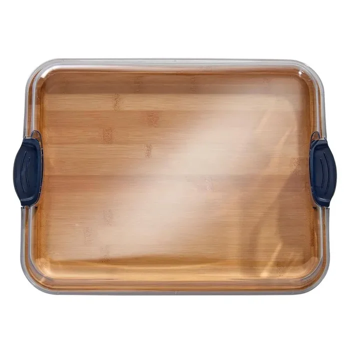 11inLx14in.Wx2.9in.H Build-A-Board Bamboo Cutting Board w/Built-in Compartments and Clear Locking Lid w/Navy Handles