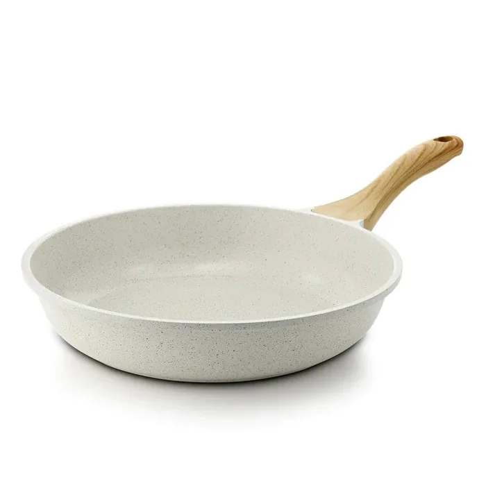 12.5 in. Cast Aluminum Nonstick Coating Frying Pan White Comfortable Grip Bakelite Handle Wood Grain Design