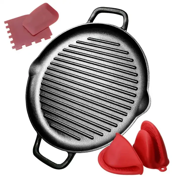 12.6 in. Round Grill Pan with Dual Handles, Pre-Seasoned Cast Iron Griddle Pan for BBQ and Stove Top Cooking
