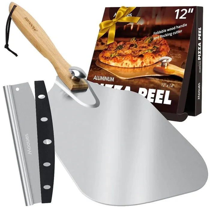 12″ x 14″ Pizza Peel Aluminum Pizza Spatula with Rocker Cutter Foldable Wood Handle for Family Pizza Oven Baking Pizza