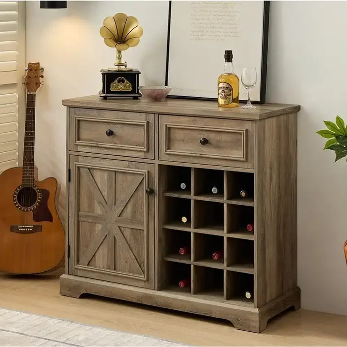 12-Bottle Gray Wash Wood Countertop Wine Rack Farmhouse Cabinet Bar Cabinet with Drawers Removable Storage Shelves