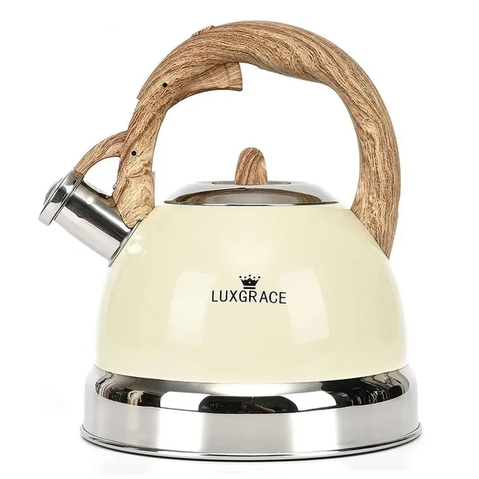 12 Cups Creamy White Stainless Steel Whistling Tea Kettle Teapot with Ergonomic Wood Rubber Touching Handle