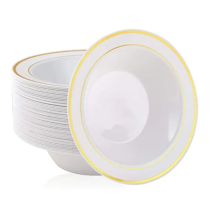 12 fl. oz. White Gold Rim White Plastic Dessert Salad Soup Bowls Disposable Party Kitchen (Set of 50)
