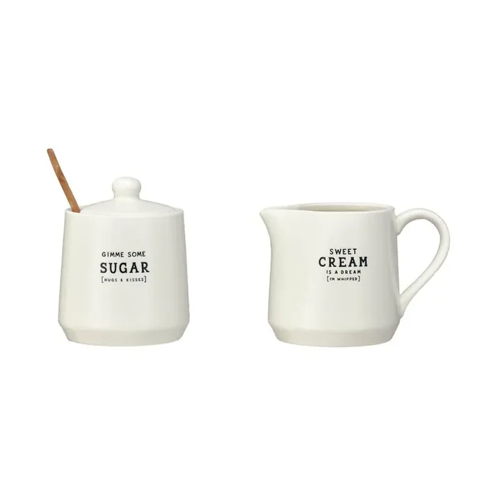 12 fl. oz. White Stoneware Creamer and Sugar Pot with Bamboo Spoon (Set of 2)