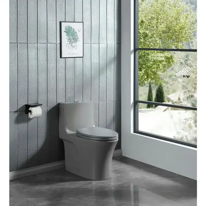 12 in. 1-Piece 1.1/1.6 GPF Water-Efficient Dual Flush Elongated Toilet in Glossy Gray Soft Closing Seat Included