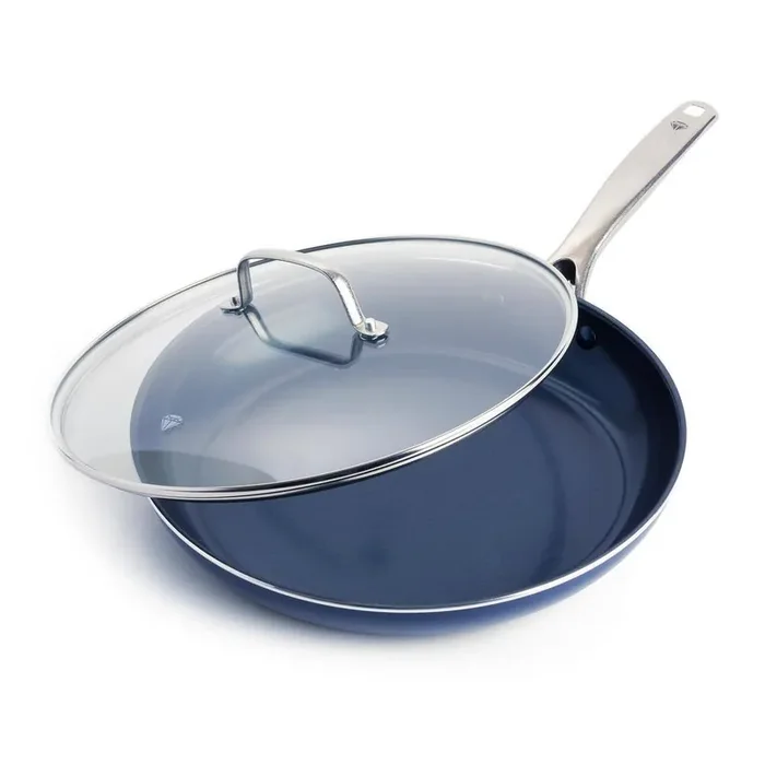 12 in. Aluminum Diamond Infused Toxin-Gree Nonstick Non-Induction Frying Pan Skillet in Blue with Handle and Glass Lid
