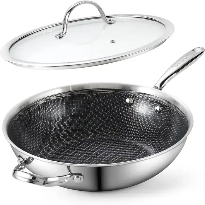 12 in. Multiply Clad Stainless Steel Hybrid Nonstick Flat Bottom Wok with Glass Lid, Compatible with All Stovetops