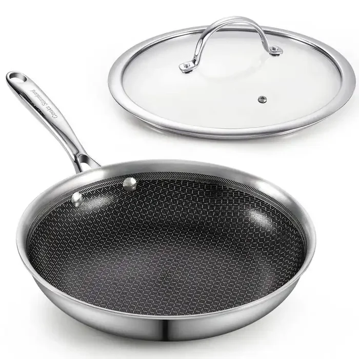 12-Inch Multi-Ply Clad Stainless Steel Hybrid Nonstick Frying Pan with Tempered Glass Lid