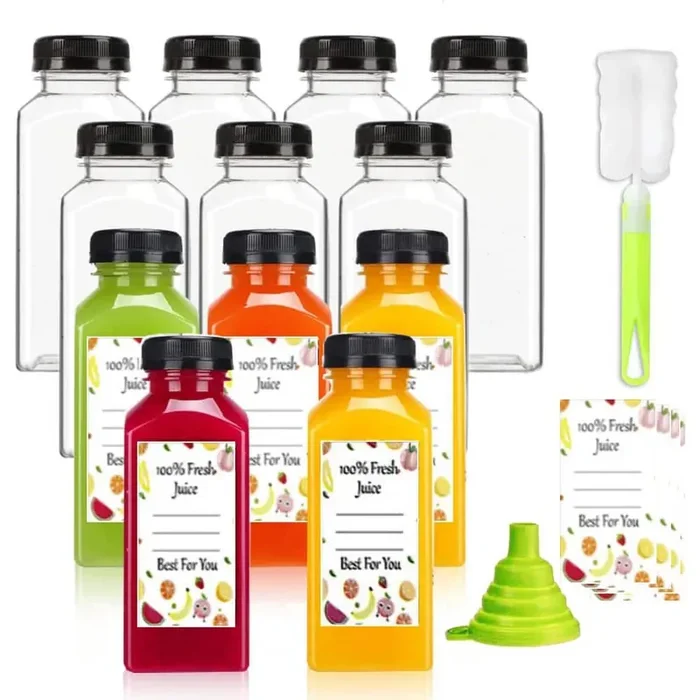 12 oz. Reusable Plastic Juice Bottles with Tamper Proof Lids 12-Pieces Set for Juicing, Milk, Smoothie, Food Storage