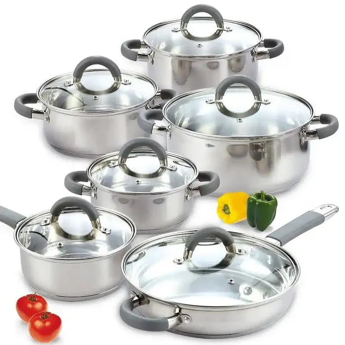 12-Piece Stainless Steel Cookware Set in Gray and Stainless Steel