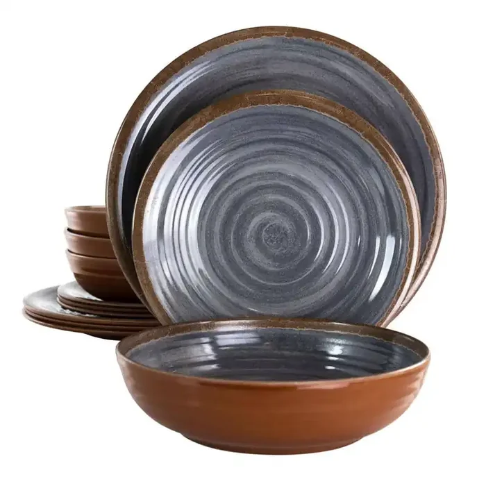12-Piece Stone Oak Black Lightweight Melamine Dinnerware Set (Service for 4)