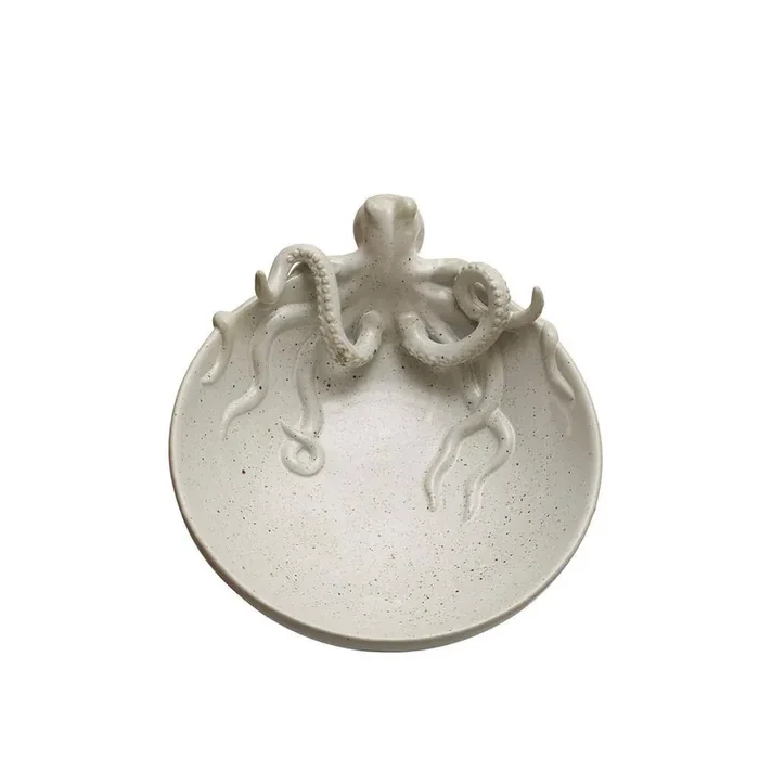 13.75 in. 91.3 fl.oz White Speckled Stoneware Octopus Serving Bowl