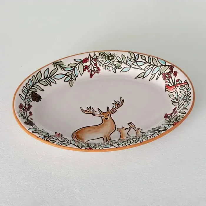 13.75 in. White Ceramic Embossed Woodland Christmas Platter