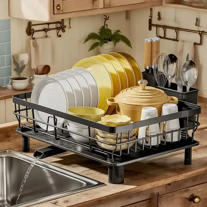 13 in. D x 17 in. W x 6 in. H Stainless Steel Dish Racks with Removable Utensil Holder and Drainboard for Kitchen, Grey