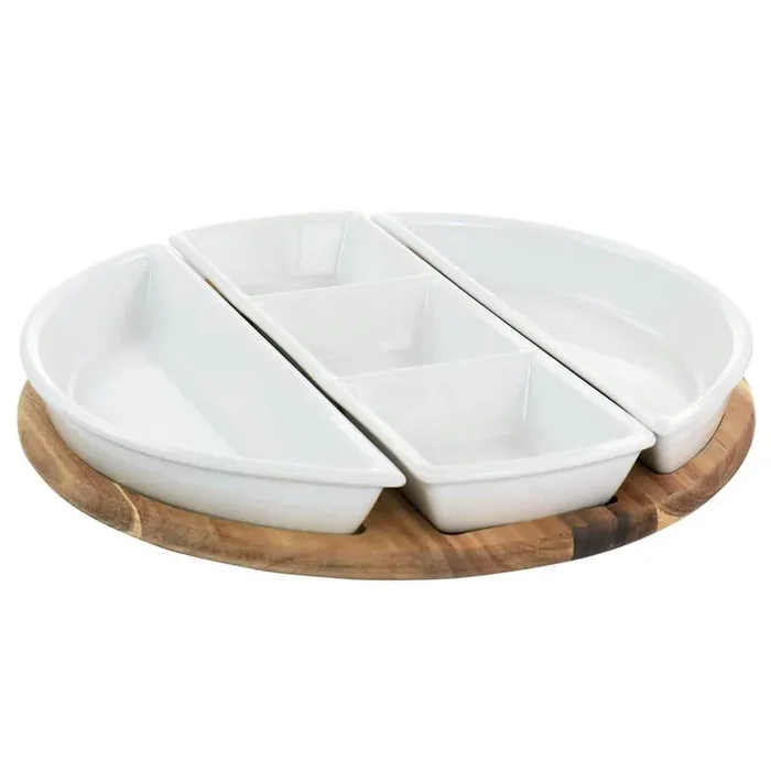 14.4 in. L x 14.4 in. W x 2 in. H 3-Compartment White Gracious Dining Sectional Tray with Wood Base (Set of 4)